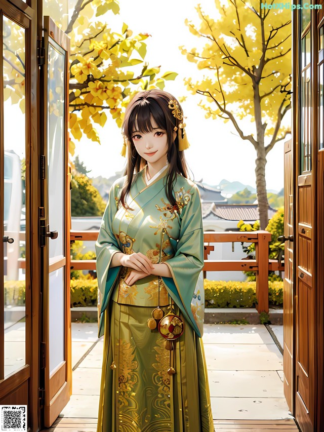 A woman in a green and gold kimono standing in front of a door.