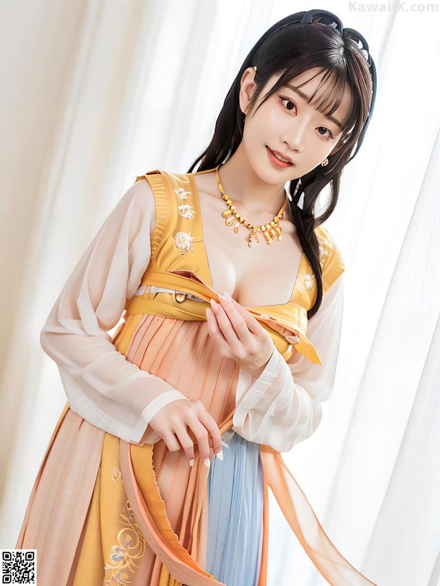 A woman in a yellow and blue dress posing for a picture.