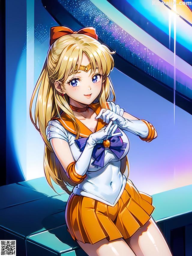 A girl in a sailor outfit sitting on a table.